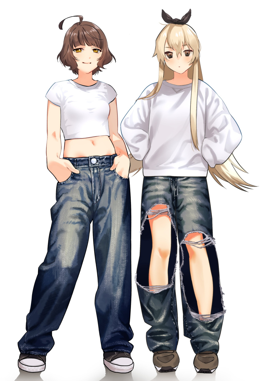 2girls absurdres ahoge alternate_costume bangs black_hairband black_pants blonde_hair blunt_bangs brown_eyes brown_hair commentary_request denim hairband hands_in_pockets hands_on_hips highres jeans kantai_collection kishinami_(kancolle) long_hair looking_at_viewer multiple_girls pants shimakaze_(kancolle) shirt shishanmo short_hair simple_background standing sweater torn_clothes torn_pants wavy_hair white_background white_shirt white_sweater