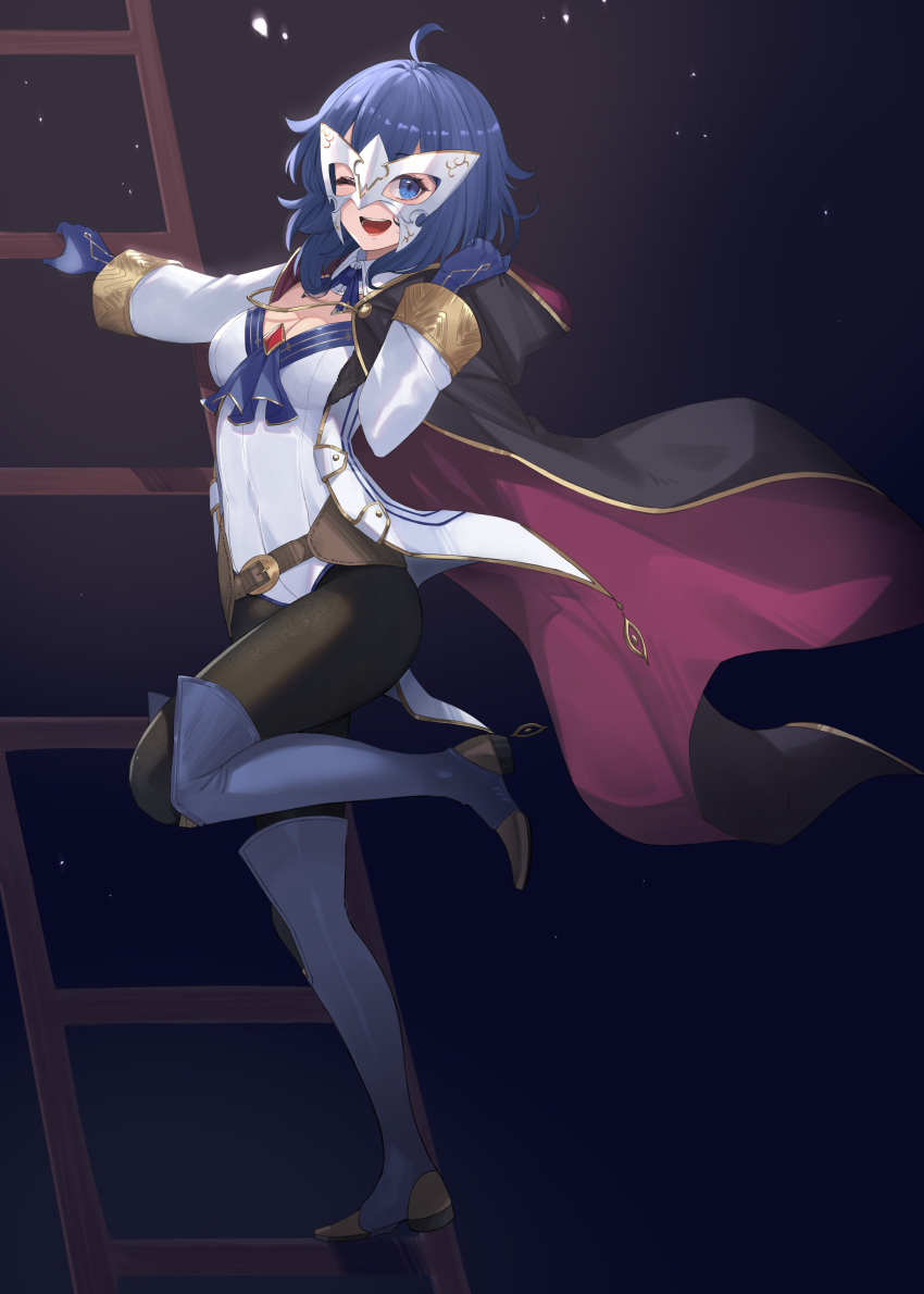 1girl ;d absurdres adapted_costume alternate_costume black_cape black_pantyhose blue_eyes blue_footwear blue_gloves blue_hair boots cape covered_navel domino_mask fire_emblem fire_emblem_awakening fire_emblem_heroes gloves highres ladder leg_up leotard mask morgan_(fire_emblem) morgan_(fire_emblem)_(female) one_eye_closed open_mouth pantyhose ritence smile solo spotlight standing standing_on_one_leg thigh_boots white_leotard