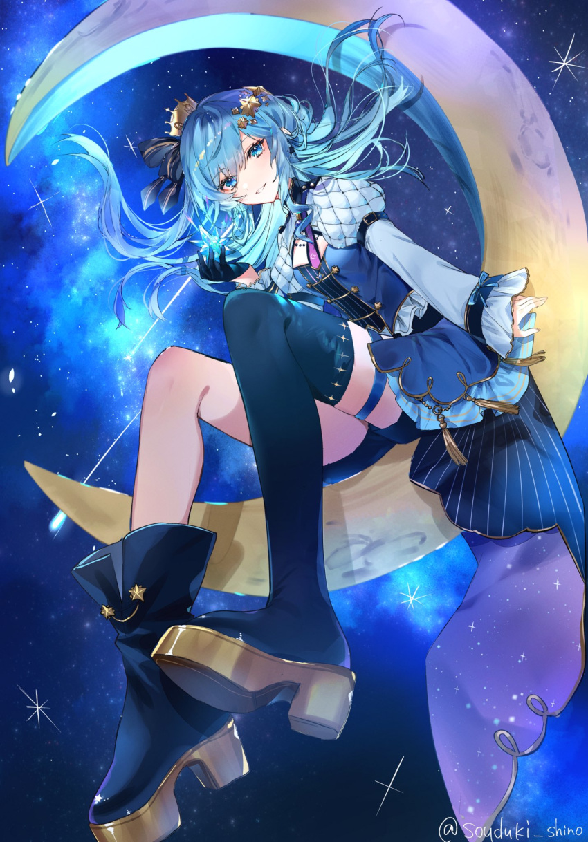 1girl arm_support black_footwear black_gloves black_ribbon blue_dress blue_eyes blue_hair boots breasts commentary_request dress foreshortening frills gloves gold_trim hair_ornament hair_ribbon hand_up high_heel_boots high_heels highres hololive hoshimachi_suisei juliet_sleeves legs long_sleeves looking_at_viewer moon night night_sky official_alternate_costume parted_lips puffy_sleeves punya ribbon shiny shiny_hair single_glove single_thigh_boot sitting sky small_breasts solo star_(sky) starry_sky thigh_boots thigh_strap thighs tilted_headwear twitter_username virtual_youtuber wide_sleeves