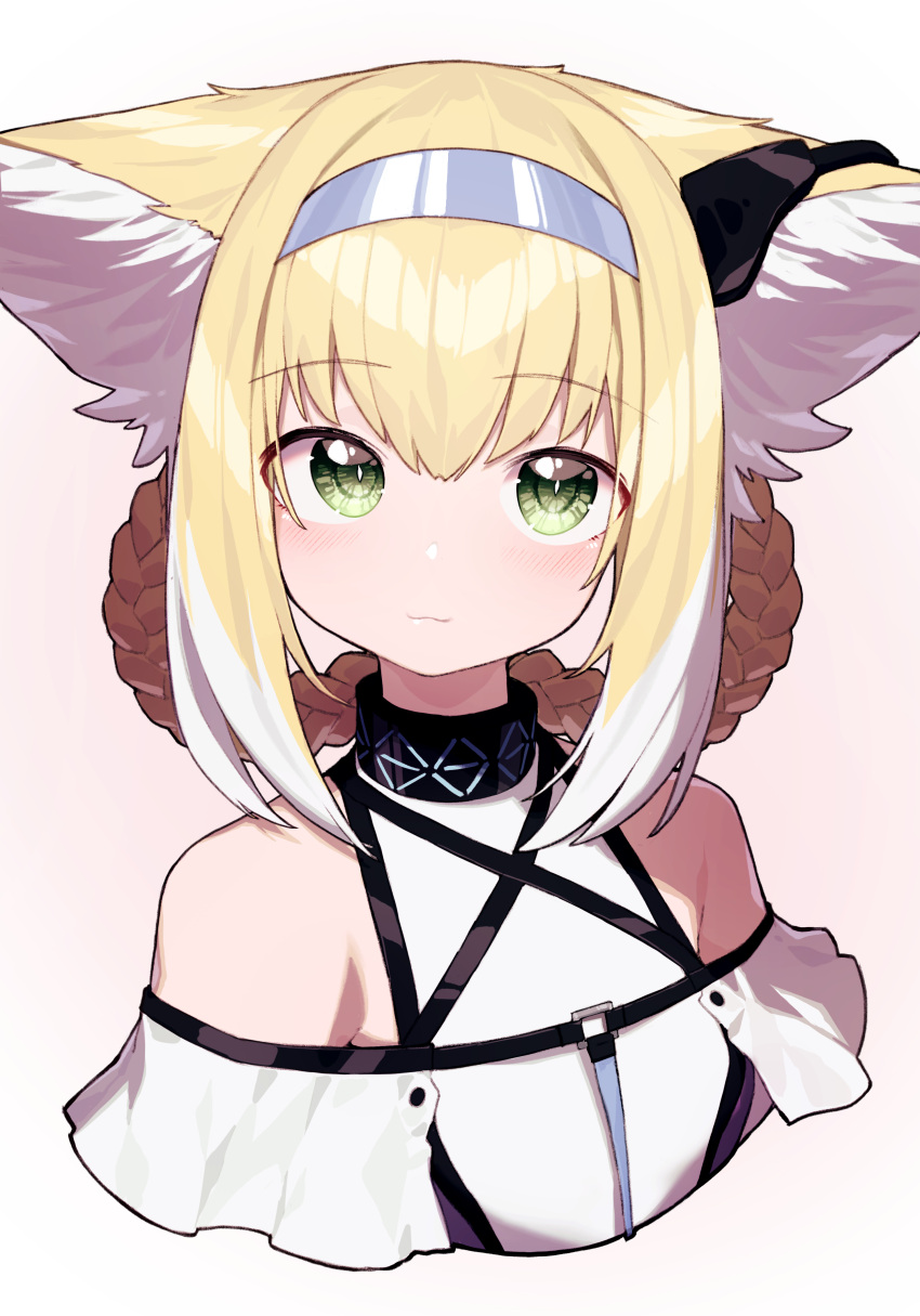 1girl :3 absurdres animal_ears arknights bare_shoulders beudelb blonde_hair blue_hairband blush braid clothing_cutout cropped_torso dress earpiece fox_ears fox_girl green_eyes grey_background hairband highres long_hair looking_at_viewer multicolored_hair portrait shoulder_cutout simple_background smile solo streaked_hair suzuran_(arknights) white_dress white_hair