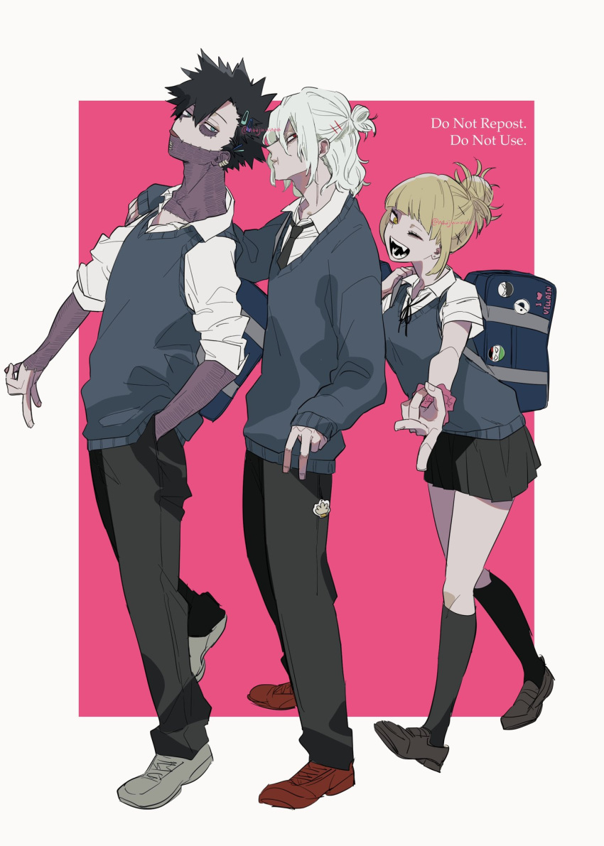 1girl 2boys ;d alternate_costume bag bags_under_eyes bangs bangs_pinned_back black_hair black_necktie black_pants black_socks blonde_hair blue_bag blue_cardigan blue_eyes blunt_bangs boku_no_hero_academia border brown_footwear burn_scar cardigan collared_shirt dabi_(boku_no_hero_academia) ear_piercing english_text eyebrows_hidden_by_hair fangs from_side full_body grey_footwear hair_between_eyes hair_bun hair_ornament hairclip half_updo hand_on_another's_shoulder highres holding_strap keychain kneehighs leaning_back leaning_forward loafers looking_at_viewer messy_hair multiple_boys naajuunaa narrowed_eyes necktie one_eye_closed open_mouth outside_border outstretched_arm pants piercing pleated_skirt red_eyes red_footwear scar scar_on_arm scar_on_neck school_bag scrunchie shigaraki_tomura shirt shoes shoulder_bag sidelocks single_hair_bun skirt sleeveless sleeveless_sweater sleeves_rolled_up smile socks spiky_hair stitches sweater toga_himiko tongue tongue_out twitter_username v walking white_border white_hair white_shirt wrist_scrunchie yellow_eyes