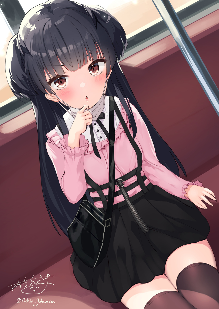 1girl absurdres bag bangs black_hair black_skirt breasts brown_eyes brown_thighhighs bus_interior commentary_request hand_up highres idolmaster idolmaster_shiny_colors long_hair long_sleeves looking_at_viewer mask mask_pull mayuzumi_fuyuko mouth_mask multicolored_hair ochinsama parted_lips pink_shirt pulled_by_self shirt shoulder_bag sitting skirt small_breasts solo suspender_skirt suspenders thigh-highs two-tone_hair v-shaped_eyebrows very_long_hair