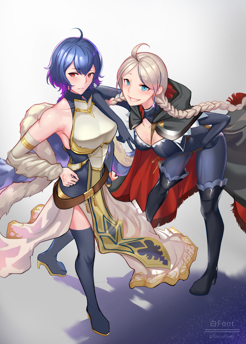 2girls absurdres ahoge bangs black_footwear blue_eyes blue_footwear blue_hair boots braid breasts commission commissioner_upload crystal_earrings earrings fire_emblem fire_emblem_awakening fire_emblem_fates fire_emblem_heroes grey_hair hand_on_hip harness high_heel_boots high_heels highres jewelry leaning_on_person leather_belt long_hair low_twin_braids medium_breasts morgan_(fire_emblem) morgan_(fire_emblem)_(female) multiple_girls nina_(fire_emblem) non-web_source official_alternate_costume open_mouth parted_bangs red_eyes shiro_font thigh_boots twin_braids v