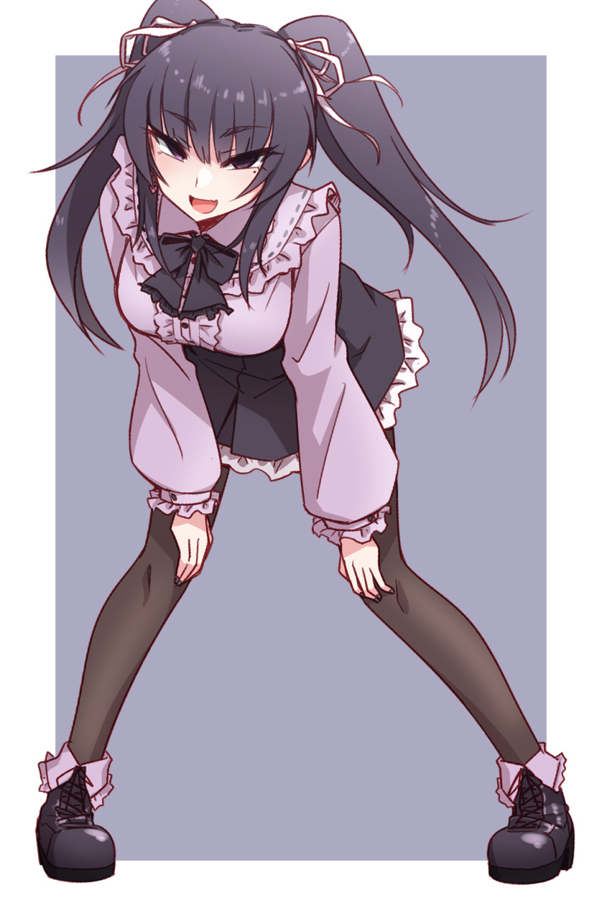 1girl :d black_footwear black_hair black_skirt breasts brown_pantyhose center_frills commentary_request frilled_skirt frilled_sleeves frills full_body grey_background hair_ribbon highres ikune_juugo leaning_forward long_hair long_sleeves looking_at_viewer medium_breasts mole mole_under_eye original pantyhose puffy_long_sleeves puffy_sleeves purple_shirt ribbon shirt shoes skirt sleeves_past_wrists smile solo standing thick_eyebrows twintails two-tone_background very_long_hair violet_eyes white_background white_ribbon