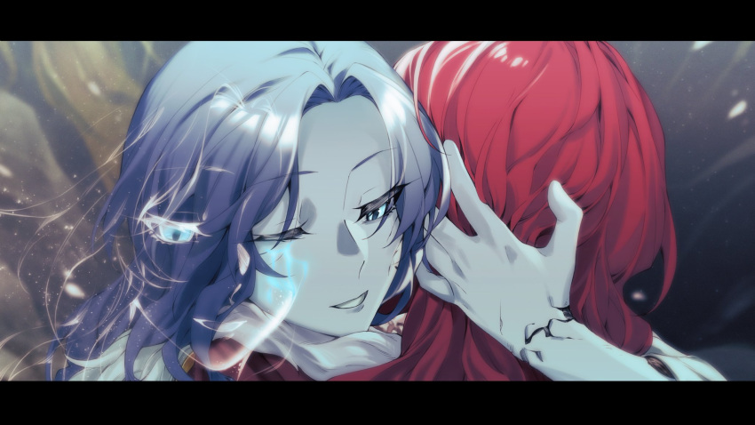2girls blue_eyes blue_hair blue_skin closed_mouth colored_skin cracked_skin elden_ring extra_arms extra_faces family highres holding holding_weapon hug joints long_hair malenia_blade_of_miquella multiple_girls one_eye_closed ranni_the_witch redhead shouzuo simple_background smile very_long_hair weapon witch