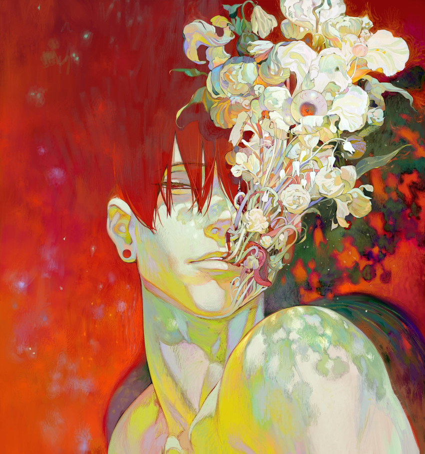 1boy bangs blending blood earrings flower flower_in_mouth half-closed_eyes highres jewelry looking_at_viewer mouth_hold nosebleed original parted_lips portrait quruiqing red_eyes redhead shadow short_hair solo white_flower