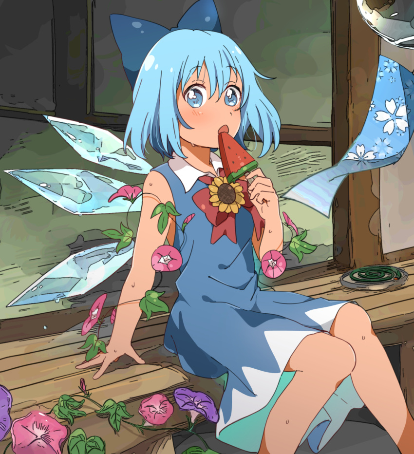 1girl arm_support bangs blue_bow blue_dress blue_eyes blue_hair blush bow cirno collared_dress dress eating feet_out_of_frame flat_chest flower food hair_between_eyes hair_bow hand_up highres holding holding_food ice ice_wings long_dress neck_ribbon open_mouth plant popsicle red_ribbon ribbon sasaki_sakiko sleeveless sleeveless_dress sliding_doors solo sunflower sweat tan tanned_cirno touhou veranda vines watermelon_bar wings wooden_floor