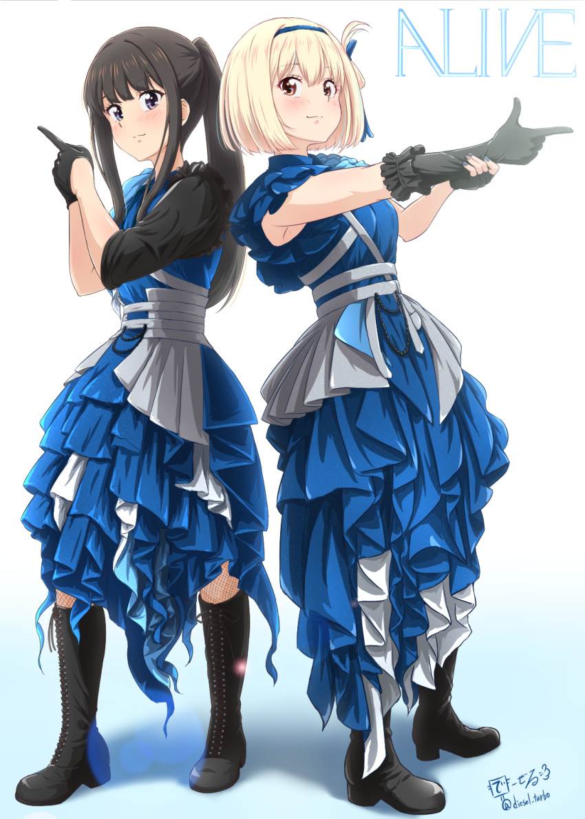 2girls asymmetrical_gloves black_footwear black_gloves black_hair blonde_hair blue_dress blue_hairband blue_nails boots closed_mouth commentary_request cross-laced_footwear diesel-turbo dress finger_gun fingerless_gloves full_body gloves hairband half_gloves highres idol inoue_takina knee_boots lace-up_boots long_hair lycoris_recoil multiple_girls nail_polish nishikigi_chisato ponytail short_hair short_sleeves signature smile