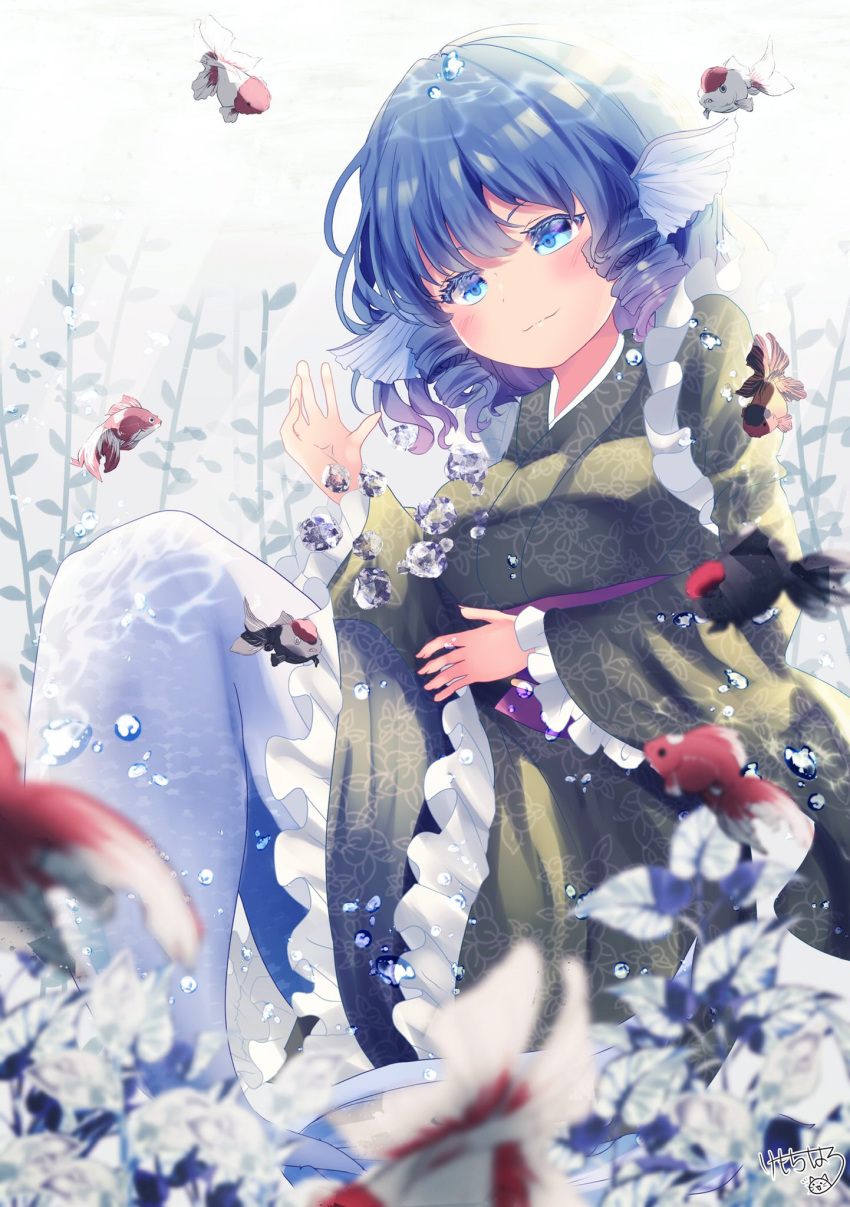 1girl blue_eyes blue_hair bubble closed_mouth drill_locks fish frilled_kimono frills full_body green_kimono head_fins highres japanese_clothes kemo_chiharu kimono long_sleeves looking_at_viewer mermaid monster_girl short_hair signature simple_background smile solo touhou wakasagihime white_background