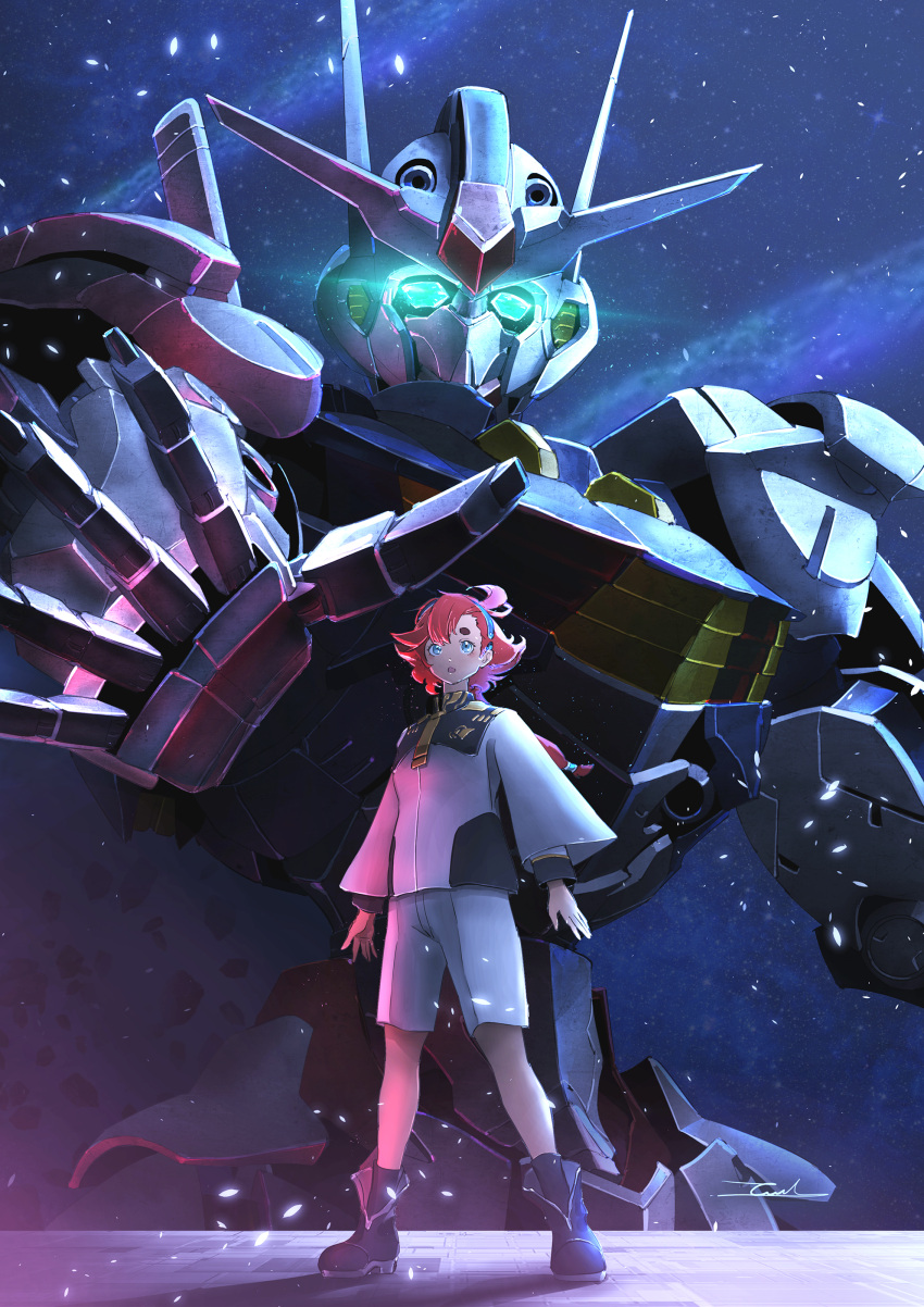 1girl absurdres ahoge bangs black_hairband blue_eyes boots breasts commentary full_body glowing glowing_eyes green_eyes gundam gundam_aerial gundam_suisei_no_majo hairband highres long_hair looking_at_viewer low-tied_long_hair low_ponytail mecha mobile_suit redhead robot school_uniform signature sky small_breasts standing star_(sky) starry_sky suletta_mercury taka-f upper_body v-fin