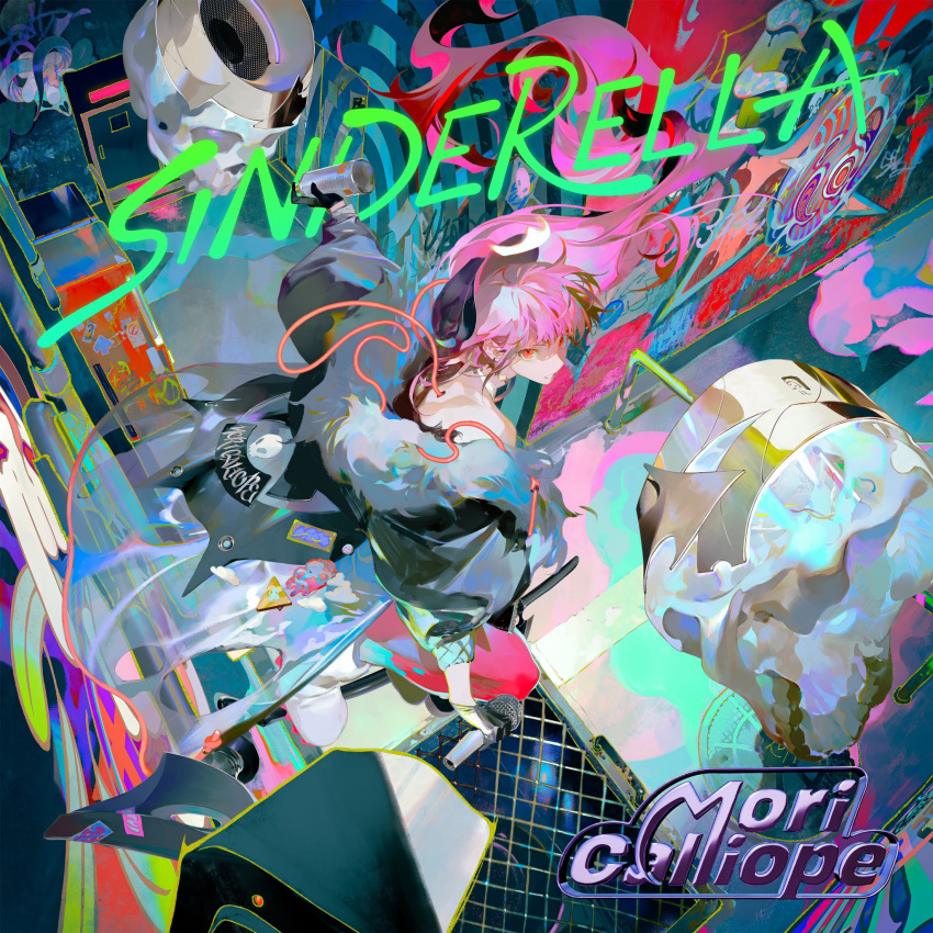 1girl album_cover bare_shoulders black_headwear black_jacket boots character_name choker cover door fake_horns fur_trim gloves graffiti guard_rail hat highres hololive hololive_english horned_headwear horns jacket long_hair looking_at_viewer microphone mori_calliope official_art pink_hair red_eyes rei_(sanbonzakura) second-party_source shoes skull speaker spray_can virtual_youtuber
