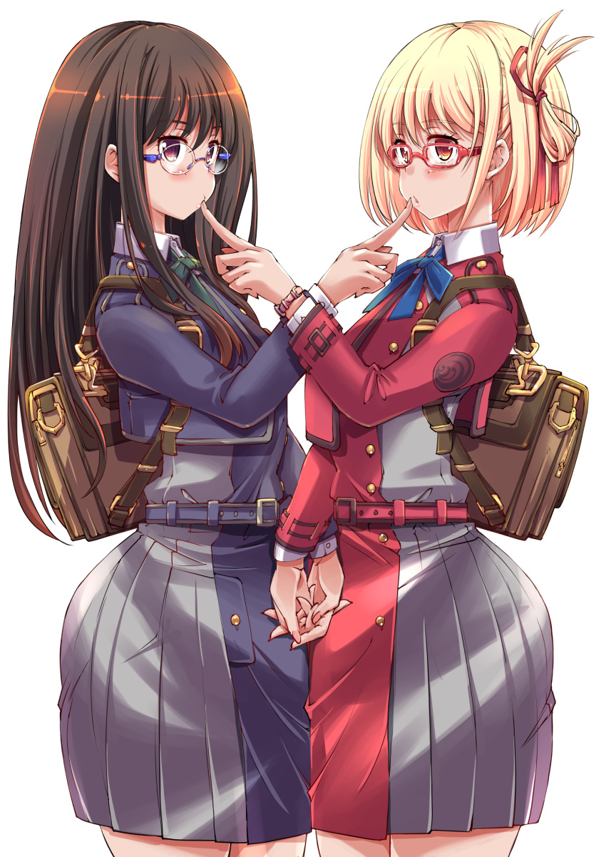 2girls backpack bag bespectacled black_hair blonde_hair blue-framed_eyewear blue_ribbon collared_shirt commentary_request cowboy_shot finger_to_another's_mouth glasses green_ribbon hair_ribbon highres inoue_takina long_hair long_sleeves lycoris_recoil multiple_girls neck_ribbon nishikigi_chisato red-framed_eyewear red_ribbon ribbon shirt short_hair simple_background two-tone_dress uniform white_background white_shirt yazawa_mana yuri