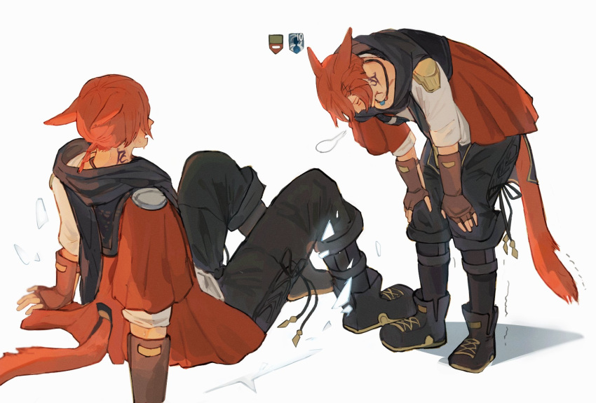 2boys animal_ears ankle_boots asymmetrical_clothes bangs black_footwear black_pants black_scarf boots braid braided_ponytail brown_gloves cat_boy cat_ears cat_tail closed_eyes commentary cross-laced_footwear dual_persona elbow_gloves exhausted final_fantasy final_fantasy_xiv fingerless_gloves from_side full_body g'raha_tia gameplay_mechanics gloves grbraku grey_shirt hair_ornament hands_on_own_knees heavy_breathing highres jacket jewelry knees_up leaning_forward low_ponytail male_focus miqo'te multiple_boys neck_tattoo open_mouth pants pendant red_jacket redhead scarf shirt short_hair short_ponytail simple_background single_braid sitting standing sweat swept_bangs tail tattoo trembling white_background x_hair_ornament