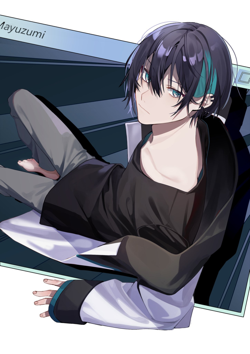 1boy amakawa_(dreamamkw) bangs barefoot black_hair black_shirt character_name closed_mouth collarbone ear_piercing expressionless green_eyes grey_pants hair_between_eyes highres jacket long_sleeves looking_at_viewer looking_to_the_side male_focus mayuzumi_kai multicolored_hair nijisanji pants piercing reclining shirt short_hair solo two-tone_hair virtual_youtuber white_background white_jacket window_(computing)