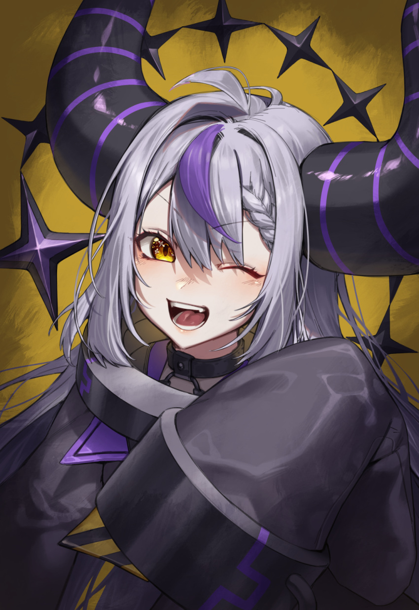 1girl ;d ahoge asymmetrical_hair black_coat black_collar blush braid coat collar commentary cuffs curled_horns demon_horns french_braid g5_(artist) grey_hair hair_between_eyes hair_intakes highres hololive horns la+_darknesss long_hair looking_at_viewer multicolored_hair one_eye_closed open_mouth purple_hair shackles sleeves_past_fingers sleeves_past_wrists smile solo streaked_hair striped_horns teeth tongue two-tone_hair upper_body v-shaped_eyebrows virtual_youtuber yellow_background yellow_eyes
