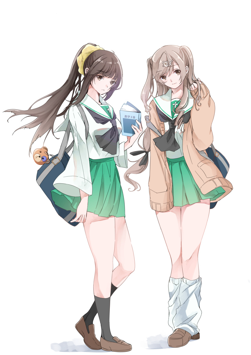 2girls absurdres alternate_costume alternate_hairstyle bag bangs bear_hair_ornament black_neckerchief black_socks blouse boko_(girls_und_panzer) book brown_cardigan brown_footwear cardigan closed_mouth commentary ebinuma_11 girls_und_panzer green_skirt hair_ornament hair_scrunchie hair_up heel_up highres holding holding_book light_frown loafers long_hair long_sleeves looking_at_viewer loose_socks low-tied_long_hair mature_male miniskirt multiple_girls neckerchief nishizumi_shiho ooarai_school_uniform open_cardigan open_clothes pleated_skirt ponytail sailor_collar school_bag school_uniform scrunchie serafuku shimada_chiyo shirt shoes simple_background skirt sleeves_past_fingers sleeves_past_wrists socks standing two_side_up white_background white_sailor_collar white_shirt white_socks wind yellow_scrunchie