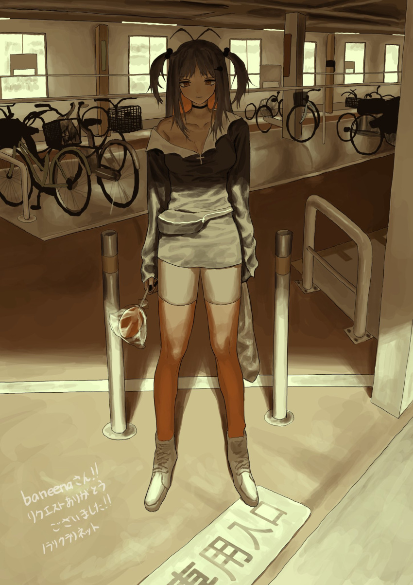 1girl a3dyqtlpqjcuqvs antenna_hair bag bicycle black_choker black_nails black_shirt bollard borrowed_character brown_eyes brown_hair candy choker closed_mouth colored_inner_hair commission cross fanny_pack food full_body ground_vehicle hair_ornament hairclip highres holding holding_bag indoors light_smile lollipop long_sleeves medium_hair multicolored_hair orange_hair original plastic_bag shirt shoes shorts skeb_commission sleeves_past_wrists sneakers solo standing two-tone_hair two_side_up virtual_youtuber white_footwear white_shorts