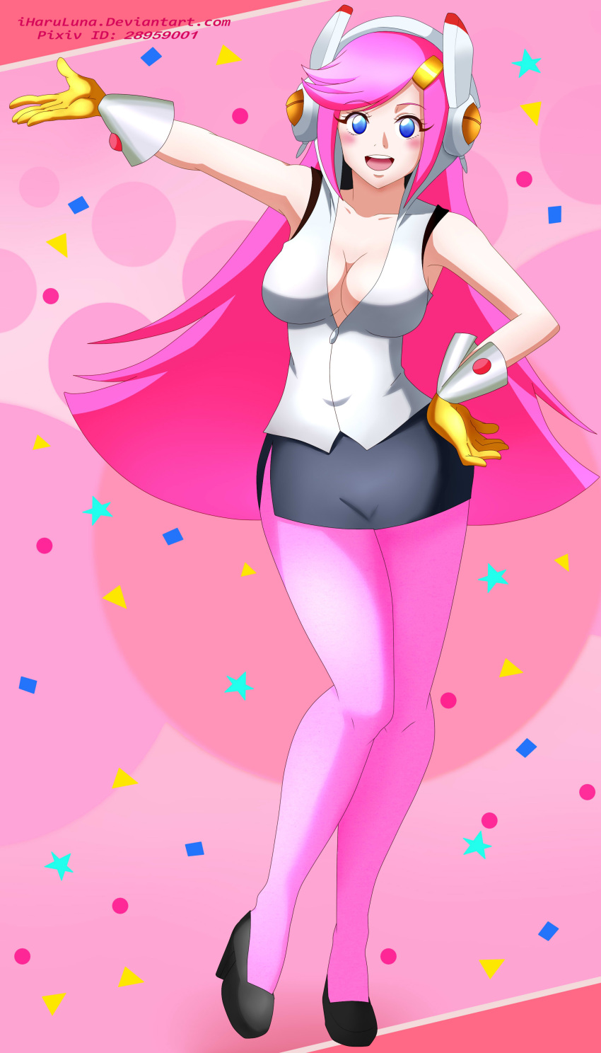 absurdres blue_eyes full_body gloves high_heels highres iharuluna kirby:_planet_robobot kirby_(series) long_hair looking_at_viewer pencil_skirt pink_hair skirt solo susie_(kirby) yellow_gloves