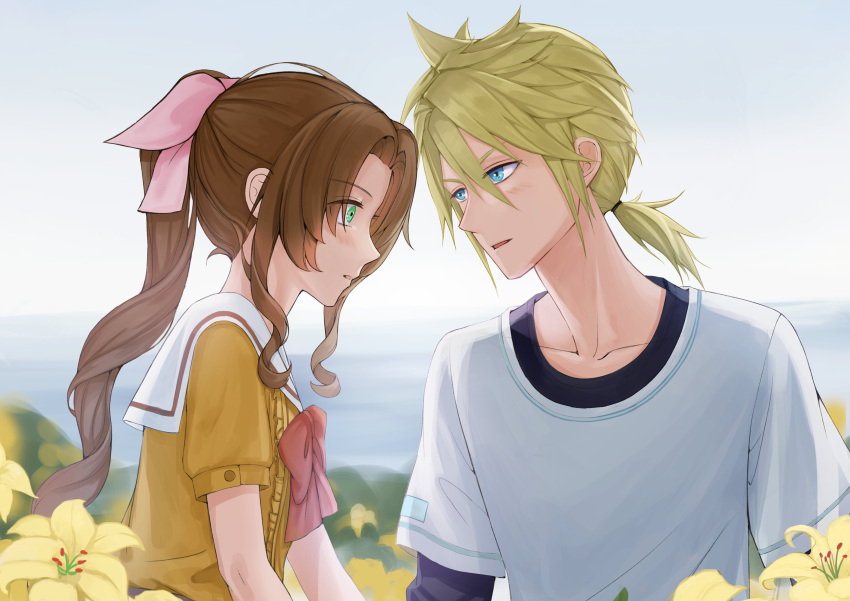 1boy 1girl absurdres aerith_gainsborough aged_down bangs black_shirt blue_eyes blush bow bowtie cloud_strife dress female_child final_fantasy final_fantasy_vii final_fantasy_vii_remake flower green_eyes hair_between_eyes hair_ribbon highres layered_shirt long_hair looking_at_another low_ponytail male_child medium_hair orange_dress outdoors parted_bangs parted_lips pink_ribbon ponytail red_bow red_bowtie ribbon sailor_collar shirt sidelocks spiky_hair t-shirt upper_body wavy_hair white_sailor_collar white_shirt wide-eyed yaoko yellow_flower