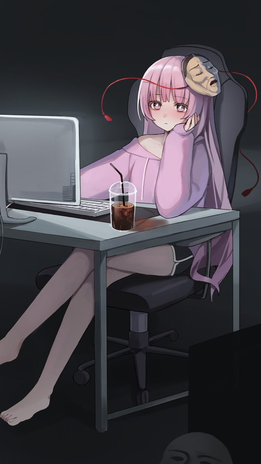 1girl absurdres alternate_costume bare_legs barefoot black_shorts casual closed_mouth commentary_request crossed_legs desk expressionless feet_out_of_frame grunel_(grunel_7979) hata_no_kokoro highres hood hoodie long_hair long_sleeves mask pink_eyes pink_hair pink_hoodie shorts sleeves_past_wrists solo toenails toes touhou very_long_hair