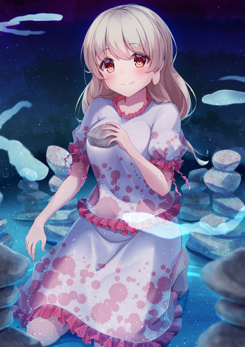 1girl absurdres blush brown_eyes closed_mouth ebisu_eika frilled_sleeves frills grey_hair hair_between_eyes highres holding long_earlobes long_hair messiah_&amp;_crea puffy_short_sleeves puffy_sleeves shirt short_sleeves skirt skirt_set smile solo stone touhou white_shirt white_skirt