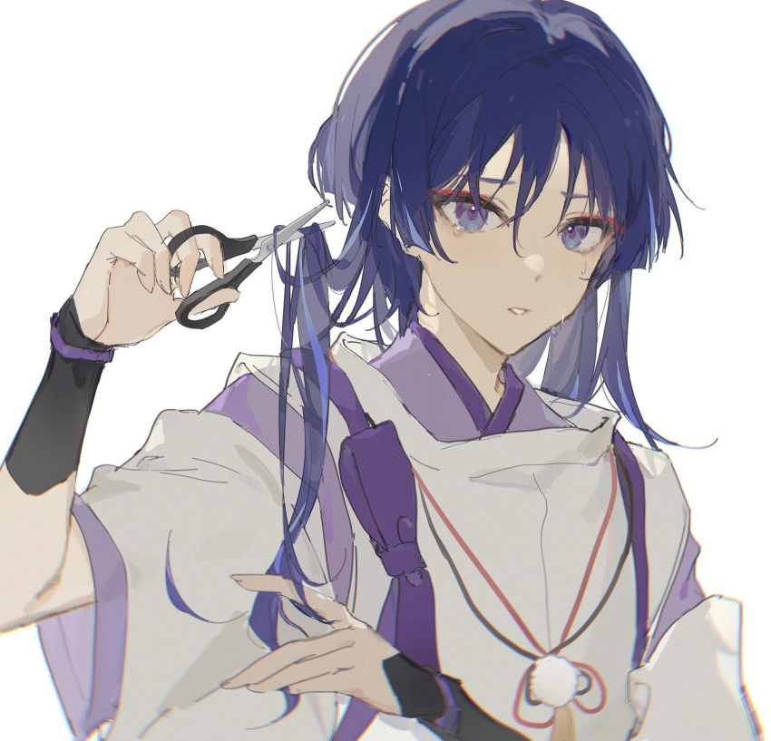 1boy alternate_hair_length alternate_hairstyle arm_armor arm_up bangs blue_eyes blue_hair bow brown_bow closed_mouth crying detached_sleeves fingernails genshin_impact grey_shirt hair_between_eyes hands_up highres long_fingernails long_hair looking_at_viewer mandarin_collar multicolored_eyes pom_pom_(clothes) purple_bow purple_shirt red_bow scaramouche_(genshin_impact) scissors shiki_fanart shirt short_sleeves simple_background solo tears teeth upper_body violet_eyes white_background wide_sleeves