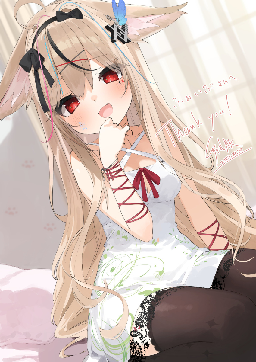 1girl :d absurdres animal_ear_fluff animal_ears black_hair black_thighhighs blonde_hair breasts buran_buta commission dated dress ears_down fang fox_ears fox_girl hairband highres lace-trimmed_legwear lace-trimmed_thighhighs lace_trim long_hair multicolored_hair red_eyes second-party_source short_dress sitting skeb_commission skin_fang sleeveless sleeveless_dress smile thigh-highs two-tone_hair very_long_hair vrchat white_dress