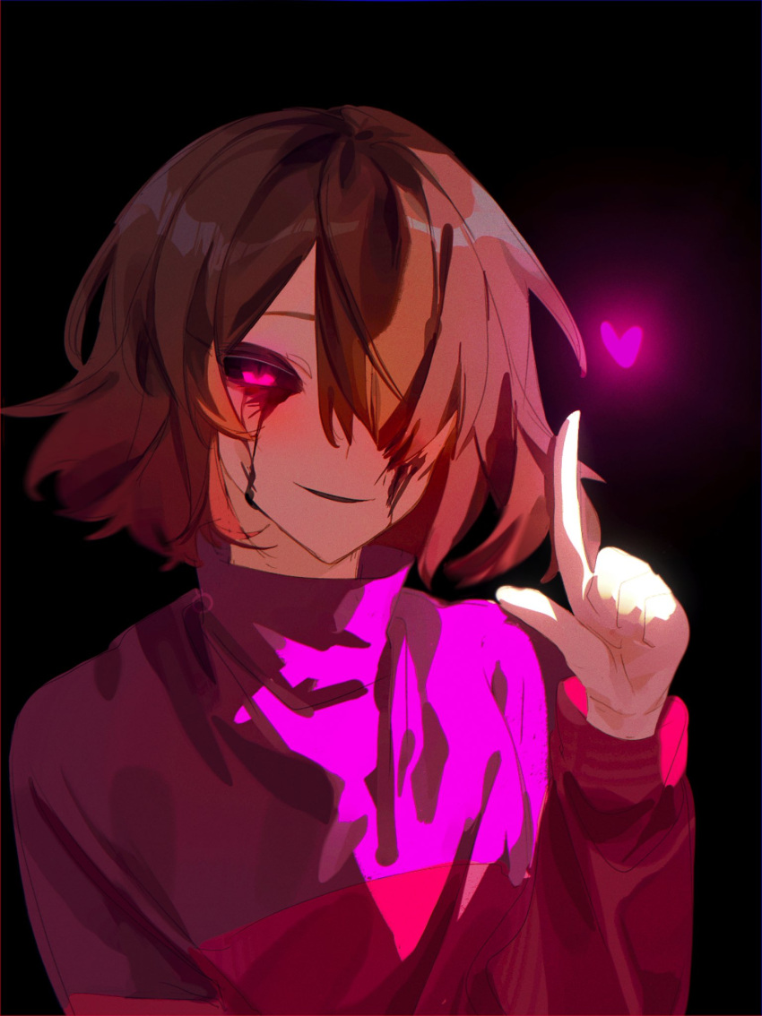 1girl betty black_eyes brown_hair choco_rabbitt from_side heart highres light looking_at_viewer pink_eyes shirt short_hair simple_background smile undertale