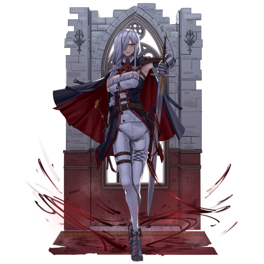 1girl absurdres ascot belt breasts cape gauntlets grey_hair hair_over_one_eye harris_hero highres holding holding_sword holding_weapon knight large_breasts metal_boots original pants red_ascot red_eyes solo stone_wall sword wall weapon white_pants window yuri_crimson