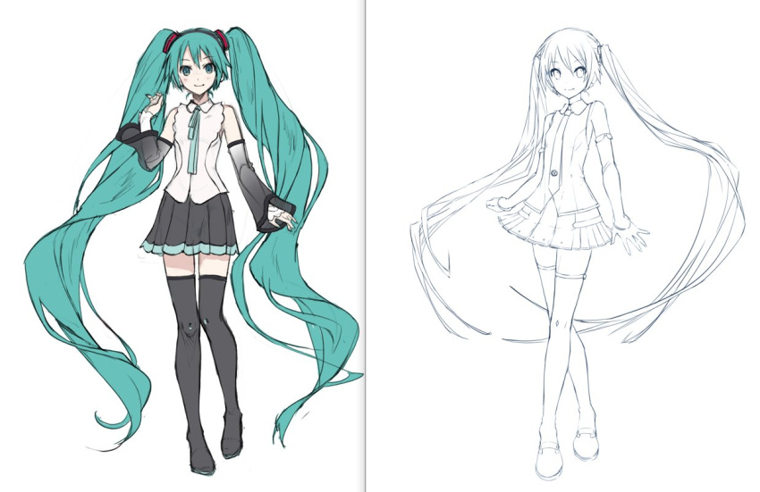2girls absurdly_long_hair aqua_eyes aqua_hair aqua_ribbon black_footwear black_skirt boots closed_mouth collared_shirt crossed_legs detached_sleeves dual_persona flat_color floating_hair hand_up hatsune_miku_(nt) hatsune_miku_(vocaloid4) ixima knees_together_feet_apart light_blush lineart long_hair looking_at_viewer multiple_girls neck_ribbon official_art pleated_skirt ribbon see-through see-through_sleeves shirt simple_background skirt smile thigh_boots twintails unfinished v4x very_long_hair vocaloid white_background white_shirt