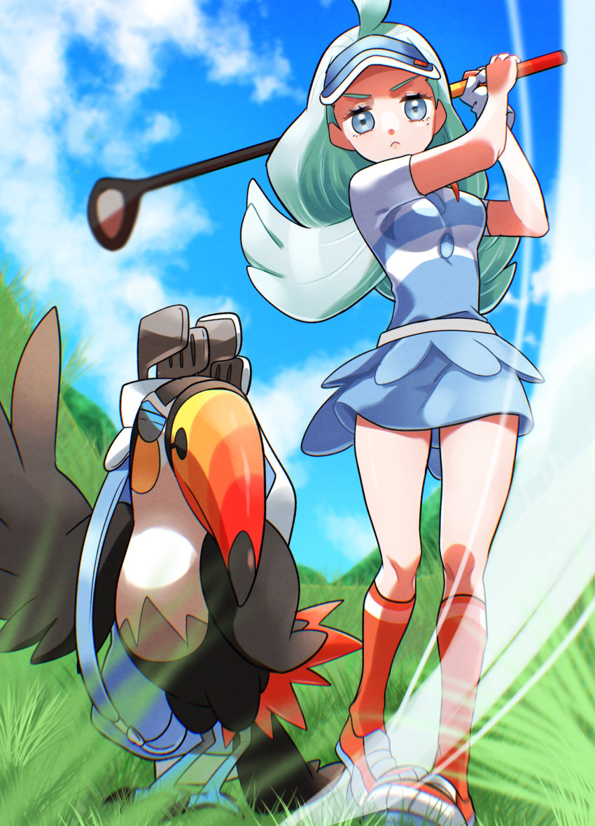 1girl ahoge aria_pkmn blurry breasts closed_mouth clouds commentary_request day frown golf_club grass green_hair grey_eyes highres holding holding_golf_club kahili_(pokemon) kneehighs knees long_hair orange_socks outdoors pokemon pokemon_(creature) pokemon_(game) pokemon_sm shirt shoes short_sleeves sky socks toucannon visor_cap