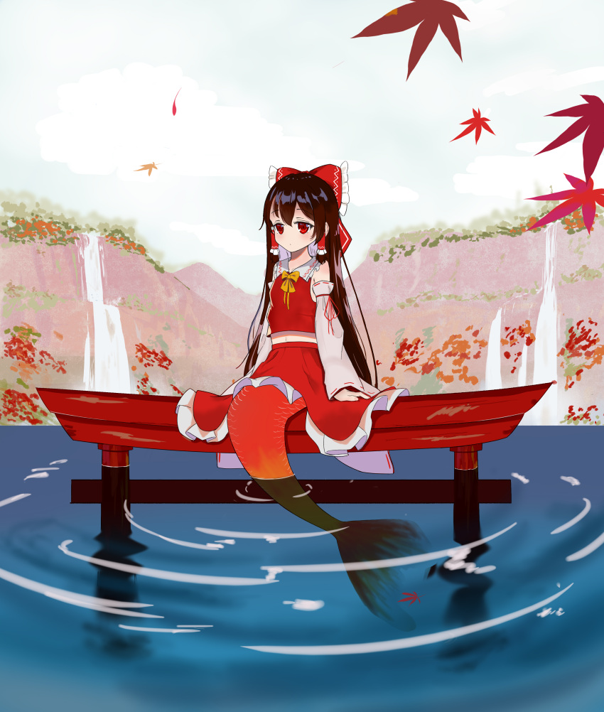 1girl absurdres bangs blush bow brown_eyes brown_hair chinese_commentary closed_mouth collared_shirt commentary_request detached_sleeves frilled_bow frilled_hair_tubes frilled_shirt_collar frills full_body hair_bow hair_tubes hakurei_reimu highres long_hair mermaid monster_girl monsterification outdoors red_bow red_eyes red_shirt reflection rufeng scales shirt sidelocks sitting sleeveless sleeveless_shirt solo torii touhou water waterfall white_sleeves wide_sleeves
