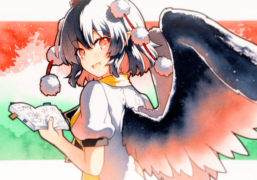 1girl bird_wings black_hair black_wings blush book feathered_wings hair_between_eyes hat highres holding holding_book looking_back open_mouth pointy_ears pom_pom_(clothes) puffy_short_sleeves puffy_sleeves qqqrinkappp red_eyes red_headwear shameimaru_aya shirt short_hair short_sleeves smile solo tokin_hat touhou traditional_media upper_body white_shirt wings