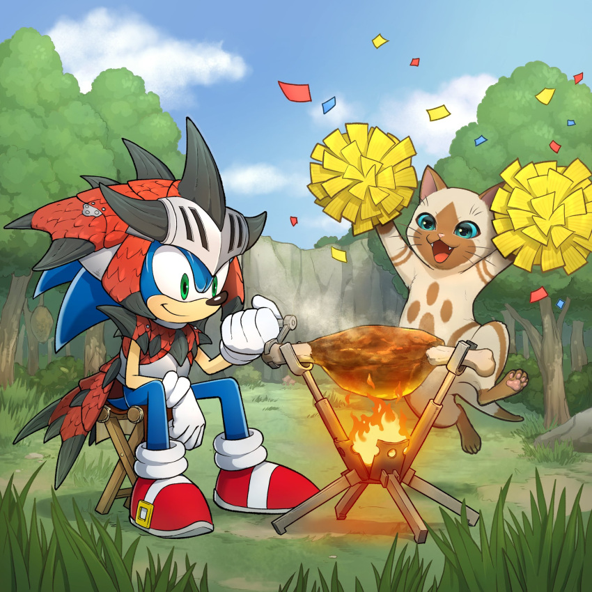 1boy animal_hands blue_fur blue_sky cat cat_paws clouds cooking fangs felyne fire food gloves grass green_eyes highres meat monster_hunter_(series) official_art open_mouth rathalos_(armor) red_footwear shoes sitting sky smile sneakers sonic_(series) sonic_frontiers sonic_the_hedgehog streamers tail whiskers white_gloves