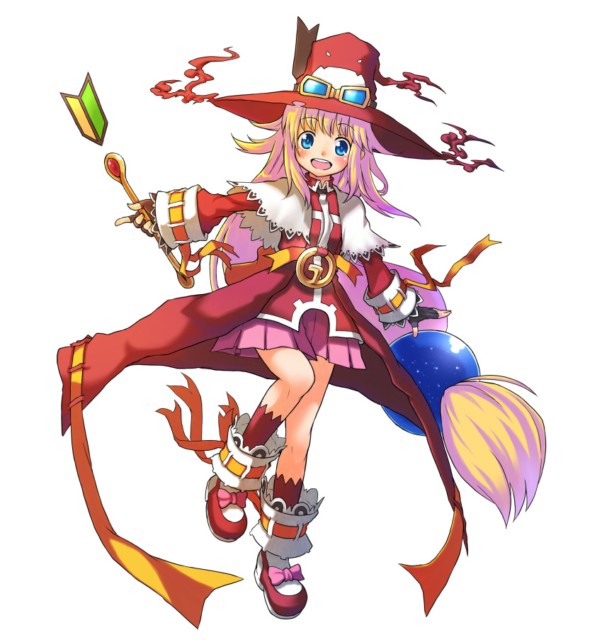 1girl absurdres bead blonde_hair blue_eyes female fingerless_gloves gloves goggles hair_bead hat highres kanatarou long_hair looking_at_viewer pril_patowle red_legwear ribbon shoes simple_background skirt smile socks solo trouble_witches very_long_hair wand white_background witch witch_hat