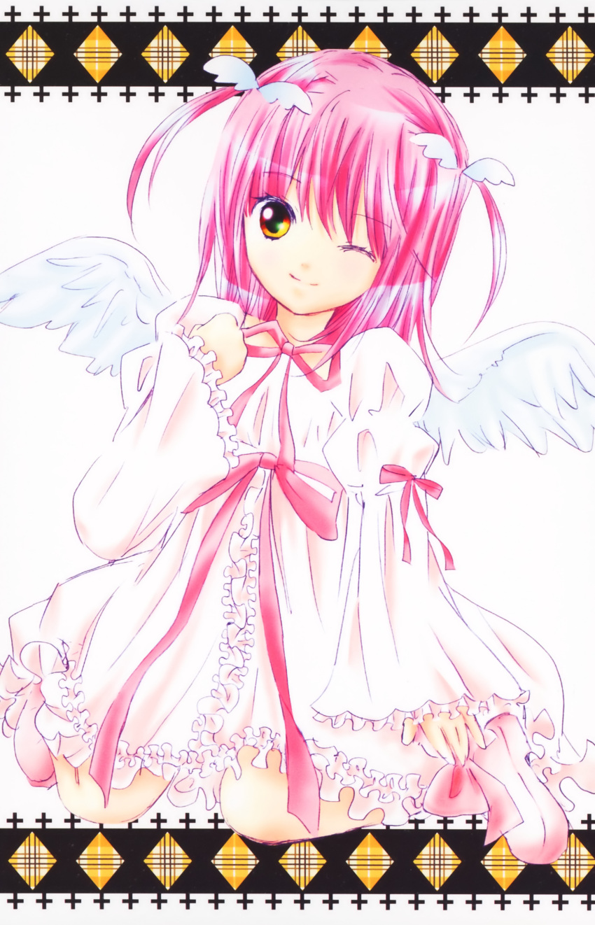 1girl angel_wings closed_mouth eyebrows_visible_through_hair female hinamori_amu one_eye_closed peach-pit pink_hair ribbon shugo_chara! solo source_request twintails wings wink yellow_eyes