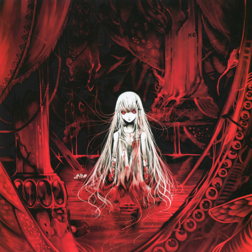 blood character_request creepy curtain female kei_(artist) pillar red_eyes very_long_hair white_hair