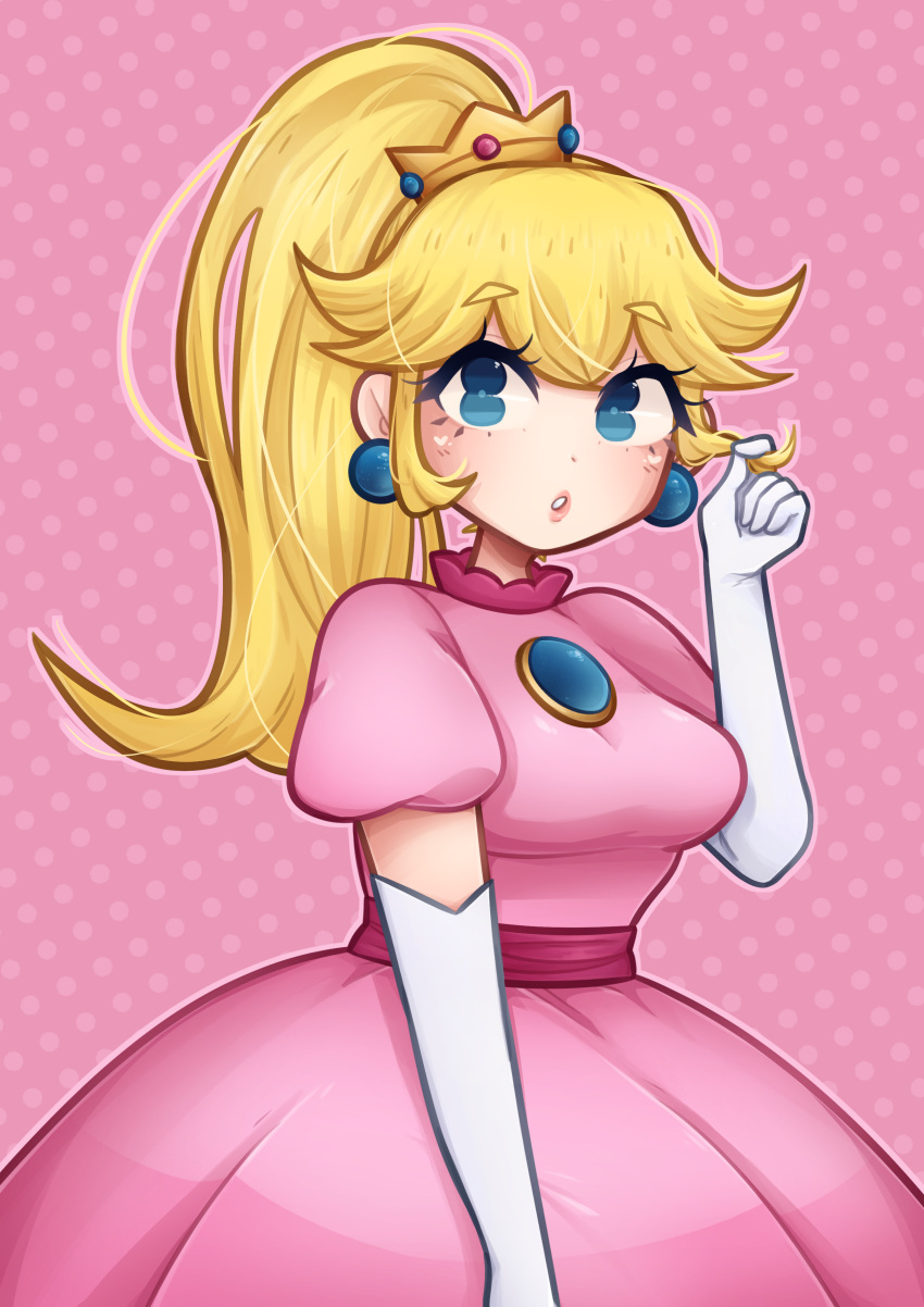 1girl absurdres blonde_hair blue_eyes commentary crown dress drfrogphd earrings elbow_gloves english_commentary gloves highres jewelry looking_at_viewer pink_background pink_dress ponytail princess_peach solo super_mario_bros. white_gloves