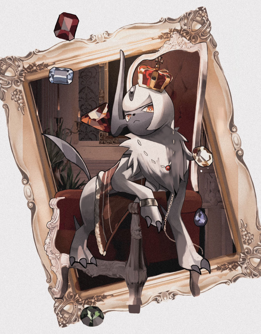 :&lt; absol animal_focus blue_gemstone bright_pupils cape chain claws closed_mouth clothed_pokemon commentary crown fur-trimmed_cape fur_collar fur_trim gem gold green_gemstone highres indoors jewelry looking_at_viewer necklace no_humans on_chair outside_border picture_frame pokemon pokemon_(creature) red_cape red_eyes red_gemstone reo_(mmocc123) short_hair sidelocks solo tilted_headwear white_hair white_pupils yellow_gemstone