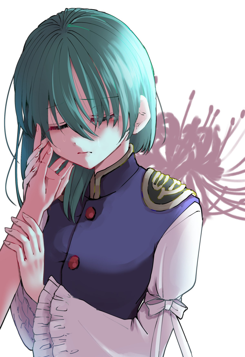 1girl 1other asymmetrical_hair closed_eyes closed_mouth epaulettes flower green_hair highres holding_another's_arm juliet_sleeves long_sleeves puffy_sleeves shiki_eiki short_hair shouko_(airen) solo_focus spider_lily touhou upper_body white_background