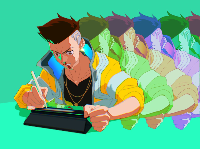 1boy billyonthestraw blood brown_hair clenched_teeth cyberpunk_(series) cyberpunk_edgerunners david_martinez drawing_tablet english_commentary green_background highres holding holding_stylus jacket nosebleed short_hair simple_background stylus teeth upper_body
