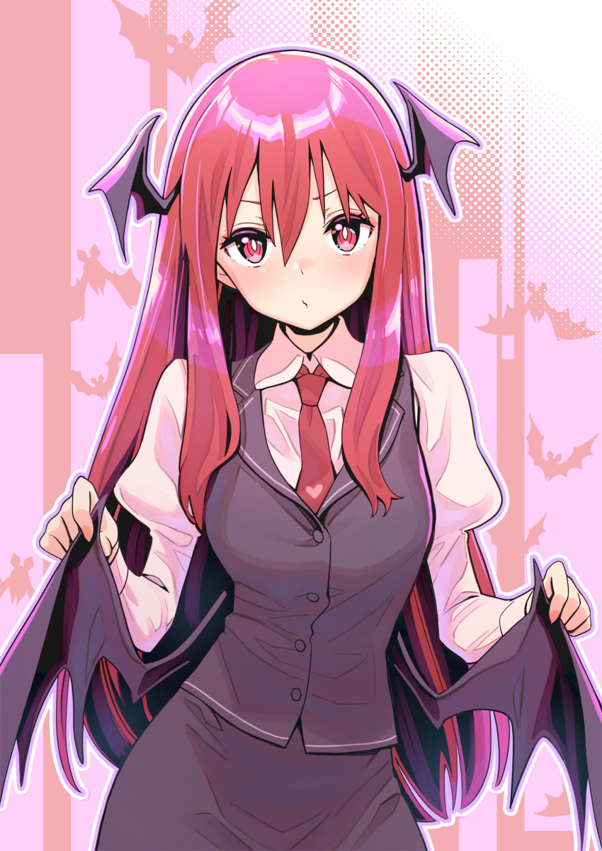 1girl absurdres bat_wings demon_horns formal heart highres horns koakuma long_hair looking_at_viewer necktie red_eyes redhead silentmonday solo touhou wing_hold wings