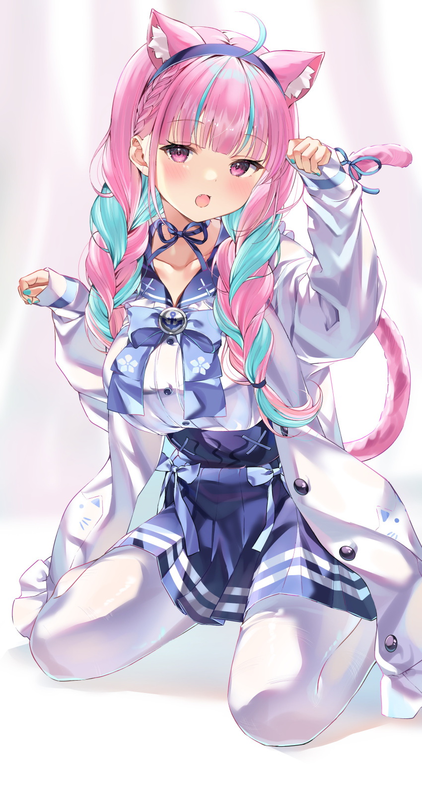 absurdres ahoge anchor_symbol animal_ear_fluff animal_ears bangs blue_bow blue_bowtie blue_choker blue_hair blue_hairband blue_nails blue_ribbon blue_sailor_collar blue_skirt blunt_bangs bochibochi_(gyuuniku_6000) bow bowtie braid breasts brooch cat_ears cat_girl cat_tail choker fang french_braid frilled_shirt_collar frills hair_tie hairband high-waist_skirt highres hololive jacket jewelry large_breasts long_hair long_sleeves looking_at_viewer minato_aqua multicolored_hair nail_polish open_clothes open_jacket open_mouth pantyhose paw_pose pleated_skirt purple_hair ribbon ribbon_choker sailor_collar sailor_shirt school_uniform seiza serafuku shirt sitting skirt sleeves_past_wrists solo streaked_hair tail tail_ornament tail_ribbon twin_braids violet_eyes virtual_youtuber white_jacket white_pantyhose white_shirt