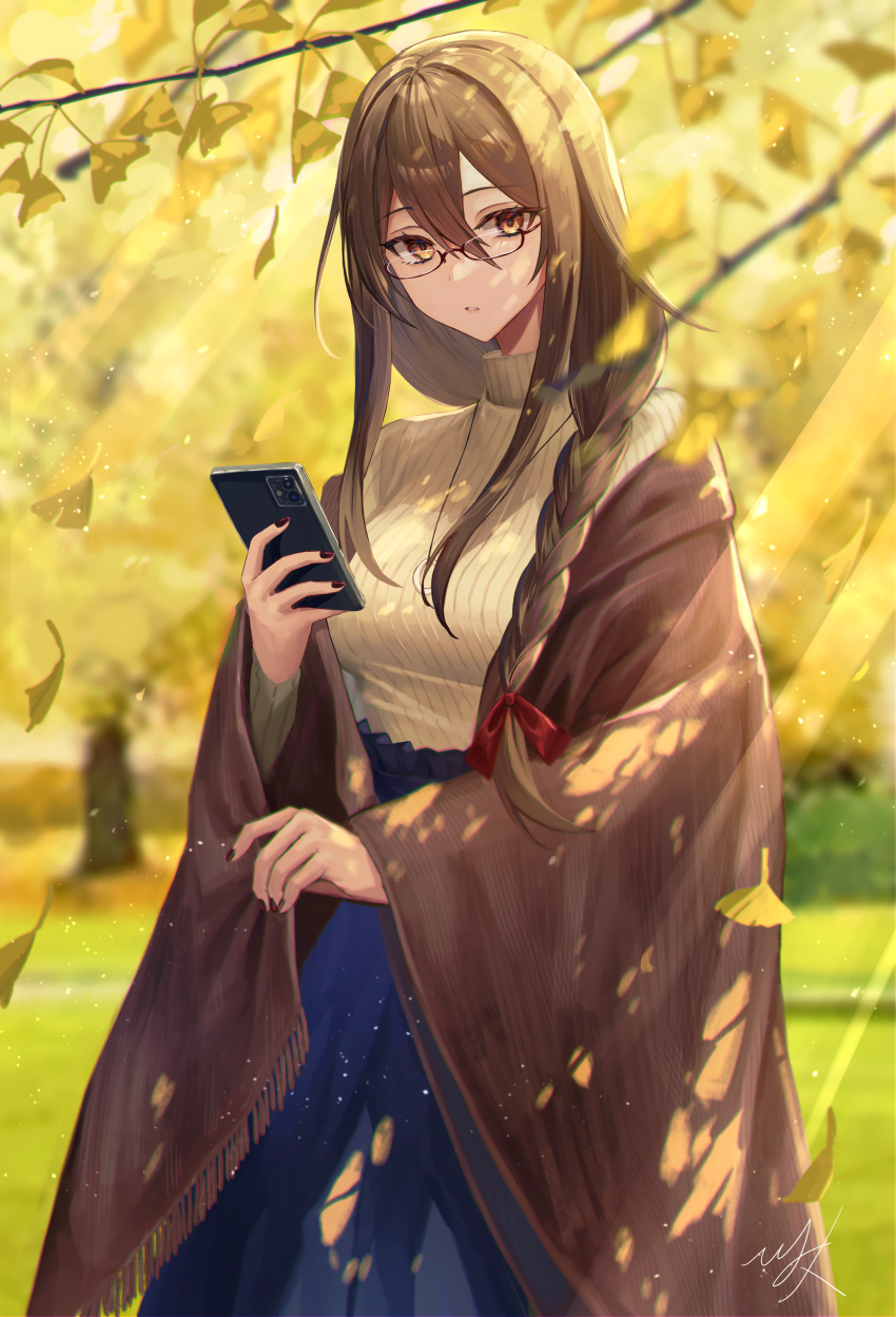 1girl absurdres autumn_leaves blue_skirt braid brown_eyes brown_hair cellphone ginkgo hair_between_eyes hair_ribbon highres hitomin_(ksws7544) holding holding_phone jewelry long_hair necklace original phone red_ribbon ribbed_sweater ribbon shoal sidelocks signature single_braid skirt smartphone solo sweater turtleneck turtleneck_sweater white_sweater