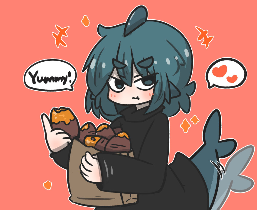 +++ 1girl :t afterimage bag bangs black_dress blue_eyes blue_hair blush closed_mouth commentary_request dress eating expressive_tail fish_tail food fuka-chan hair_between_eyes heart highres holding holding_food long_sleeves looking_at_viewer master_sgt_mine original paper_bag shark_tail short_eyebrows sleeves_past_wrists solo spoken_heart sweet_potato tail tail_wagging thick_eyebrows v-shaped_eyebrows wavy_mouth yakiimo