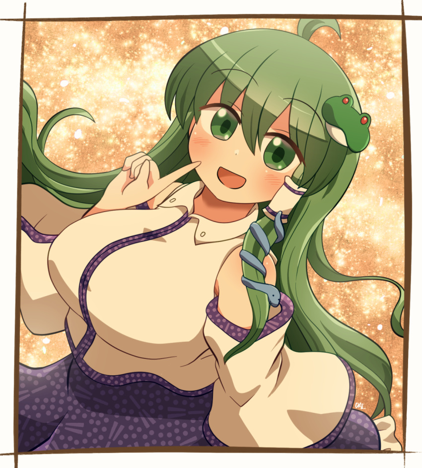 1girl ahoge bare_shoulders blue_skirt blush border breasts detached_sleeves green_eyes green_hair hair_between_eyes highres japanese_clothes kochiya_sanae large_breasts long_hair nontraditional_miko open_mouth rokugou_daisuke signature skirt smile solo touhou upper_body white_border white_sleeves wide_sleeves