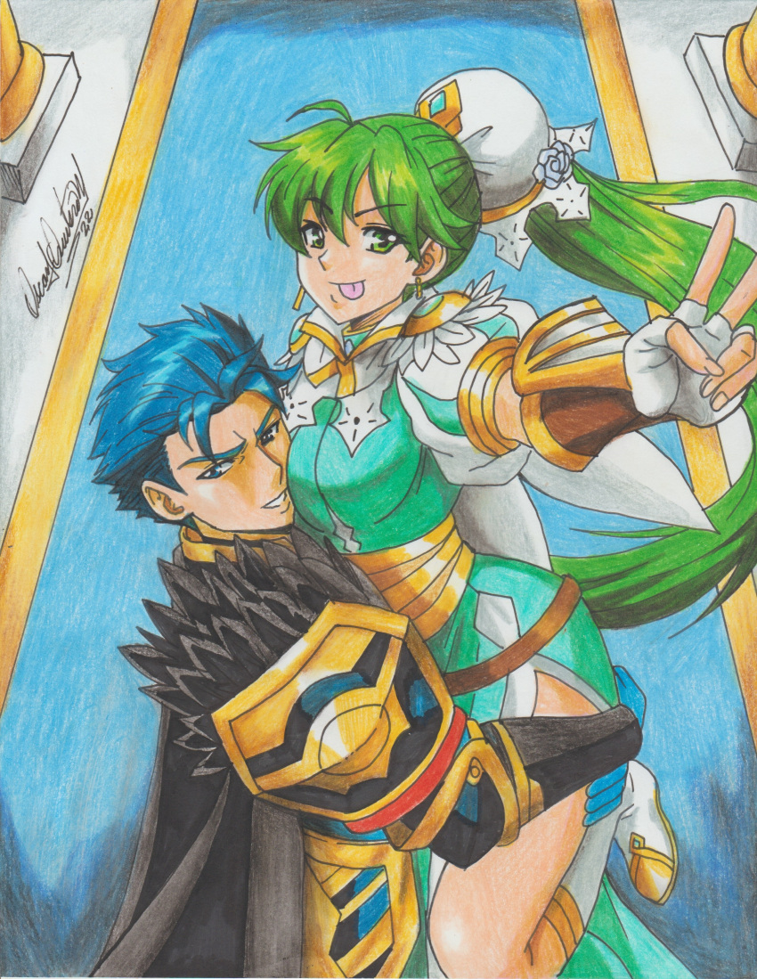 1boy 1girl :p absurdres armor bangs between_breasts blue_eyes blue_hair breasts cape carpet carrying carrying_person commission commissioner_upload dress earrings face_between_breasts feathers fingerless_gloves fire_emblem fire_emblem:_the_binding_blade fire_emblem:_the_blazing_blade fire_emblem_heroes gloves green_eyes green_hair head_between_breasts hector_(fire_emblem) high_ponytail highres jewelry leg_lift long_hair looking_at_viewer lyn_(fire_emblem) medium_breasts non-web_source official_alternate_costume pelvic_curtain pillar ponytail ravernclouk short_hair side_slit simple_background smile tongue tongue_out v very_long_hair