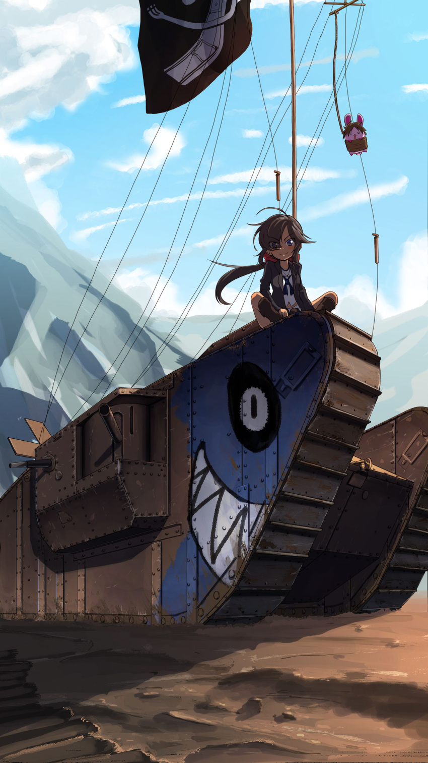 1girl absurdres artist_self-insert bangs black_coat black_eyes black_footwear black_hair black_neckerchief blouse blue_sky boots bow butterfly_sitting closed_mouth clouds cloudy_sky coat commentary dark-skinned_female dark_skin day eyes_visible_through_hair flag girls_und_panzer ground_vehicle hair_bow hair_over_one_eye highres jinguu_(4839ms) jolly_roger long_coat long_hair long_sleeves looking_at_viewer mark_iv_tank midriff military military_vehicle miniskirt motor_vehicle mountainous_horizon neckerchief no_headwear ogin_(girls_und_panzer) on_vehicle ooarai_naval_school_uniform open_clothes open_coat outdoors ponytail rabbit red_bow sailor school_uniform shark_print shirt sitting skirt sky smile solo tank white_shirt white_skirt wind