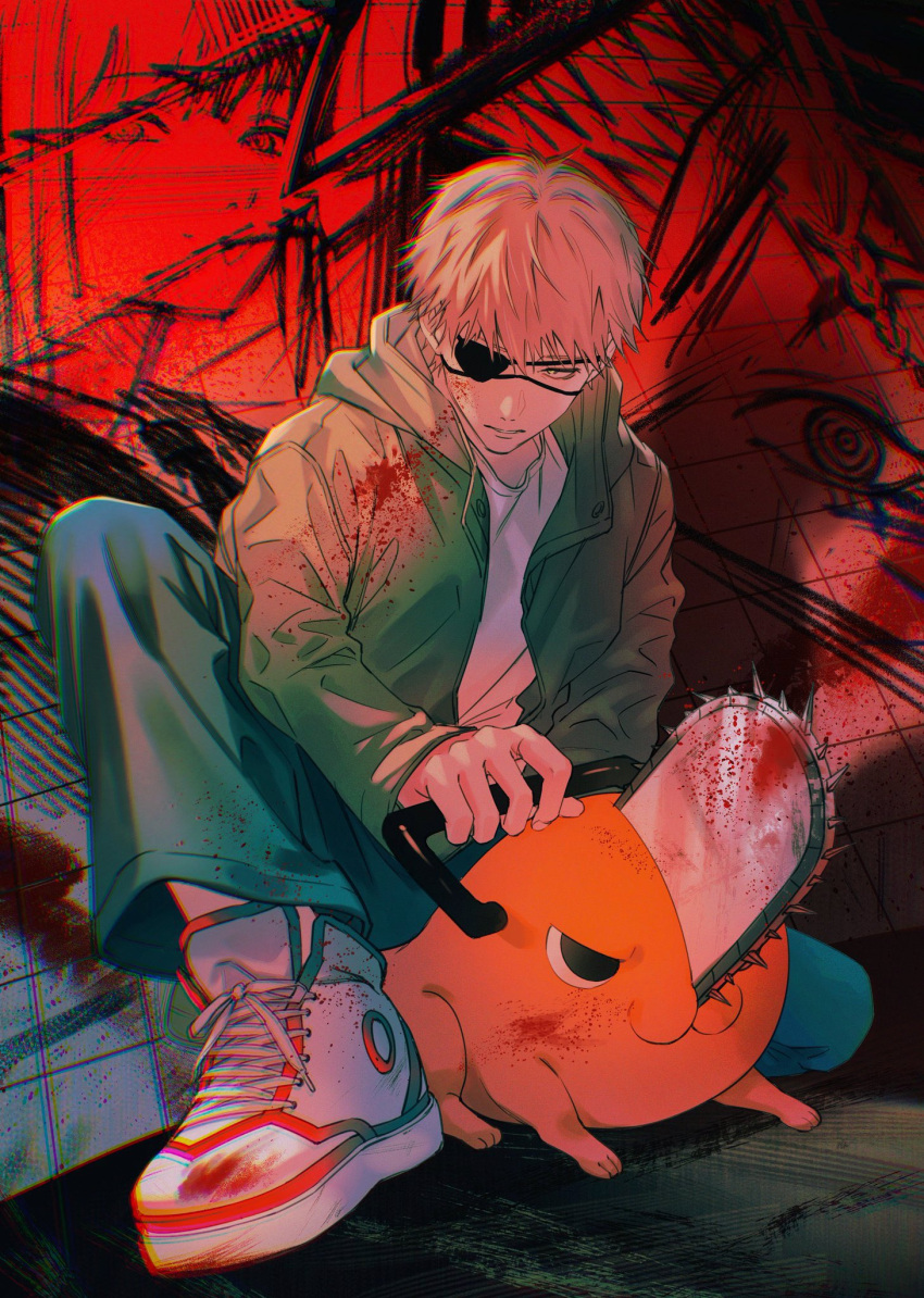 1boy abstract_background am88121 bangs blonde_hair blood blood_splatter blue_pants chainsaw chainsaw_devil chainsaw_man chromatic_aberration commentary denji_(chainsaw_man) eyepatch foreshortening full_body green_jacket highres holding holding_weapon hood hood_down hooded_jacket jacket knee_up long_sleeves looking_to_the_side makima_(chainsaw_man) male_focus one_eye_covered pants parted_lips pochita_(chainsaw_man) red_background serious shirt shoes short_hair sideways_glance sitting sneakers solo weapon white_footwear white_shirt