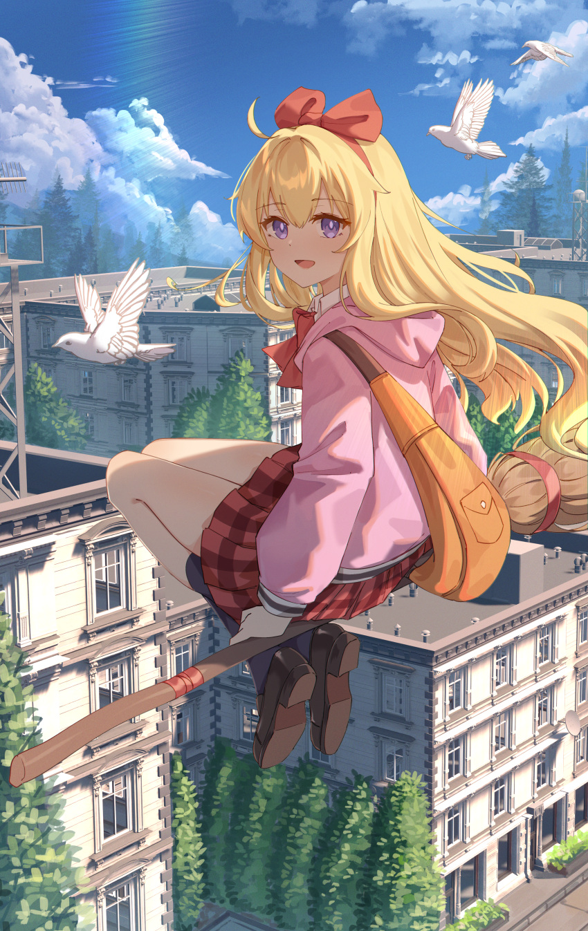 1girl absurdres animal bangs bird blonde_hair blue_sky bow broom broom_riding building clouds collared_shirt day flying gabriel_dropout gabriel_tenma_white highres jl_tan kneehighs loafers long_hair looking_at_viewer midair open_mouth outdoors pink_sweater pleated_skirt red_bow red_skirt shirt shoes skirt sky socks solo sweater tree violet_eyes white_shirt